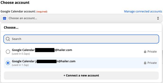 zapier choose google calendar account
