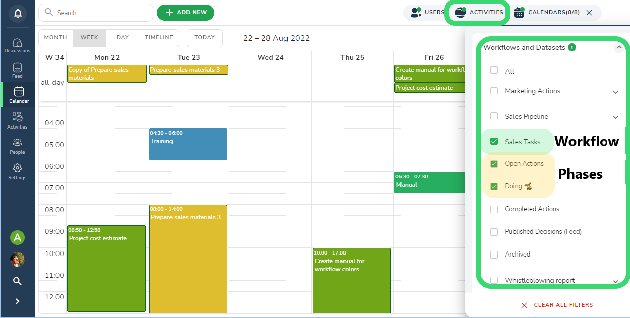 filter activities - choose workflow