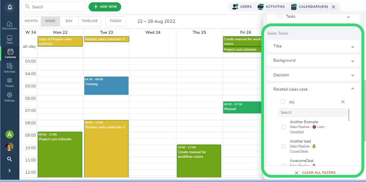 filter activities in calendar