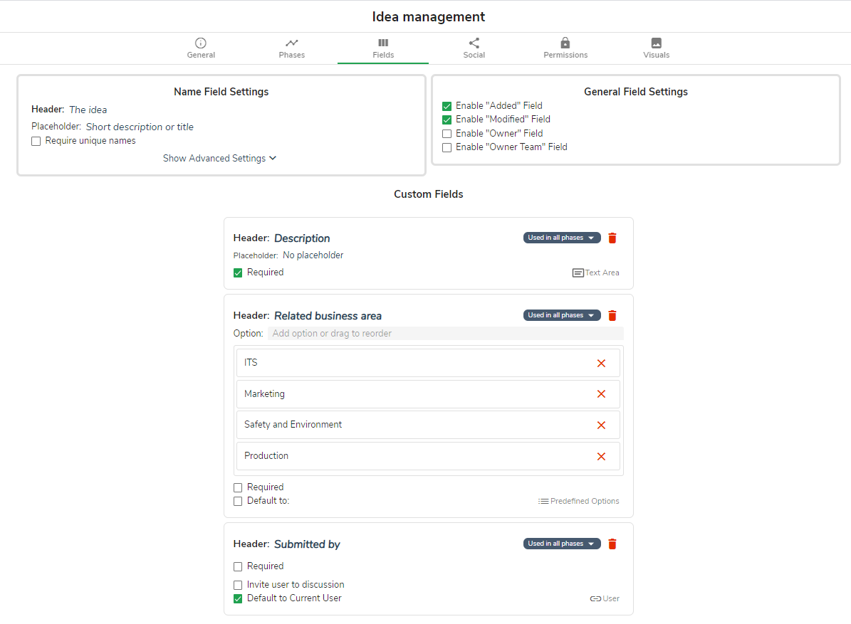 Idea management data fields Ideas phase