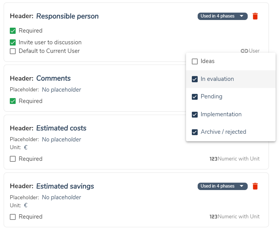 idea management workflow - show fields in different phases