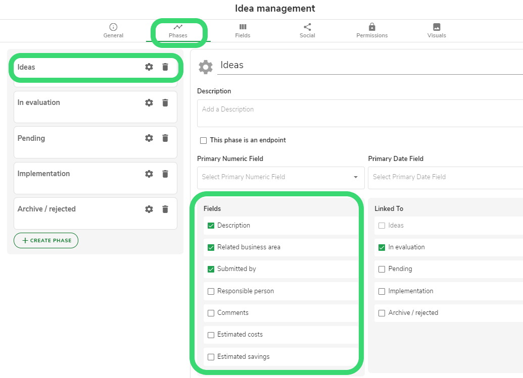 idea management - manage used fields in phases tab